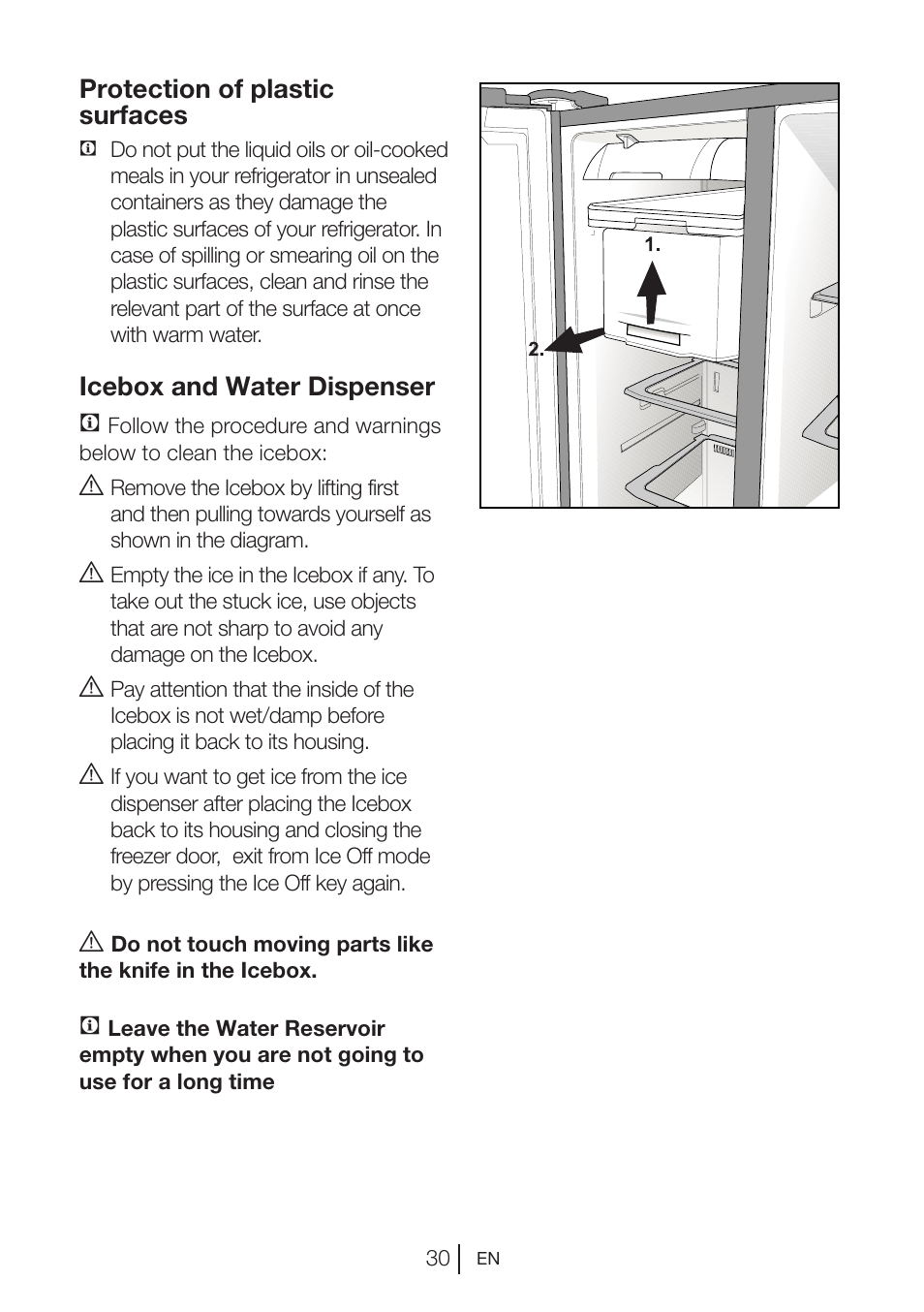 Protection of plastic surfaces, Icebox and water dispenser c | Beko GNE V422 X User Manual | Page 30 / 102