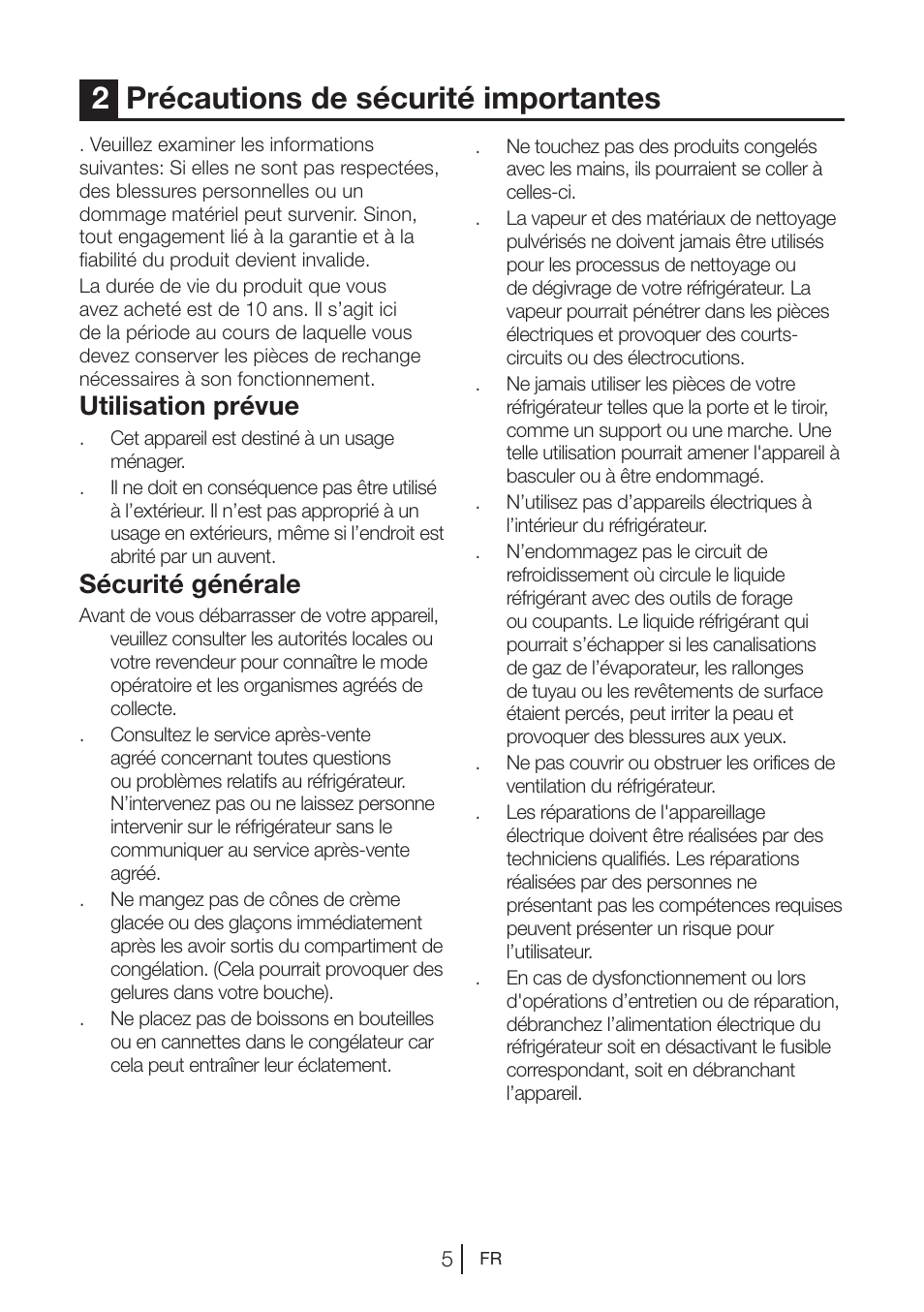 2précautions de sécurité importantes, Utilisation prévue, Sécurité générale | Beko GNE V422 X User Manual | Page 39 / 102