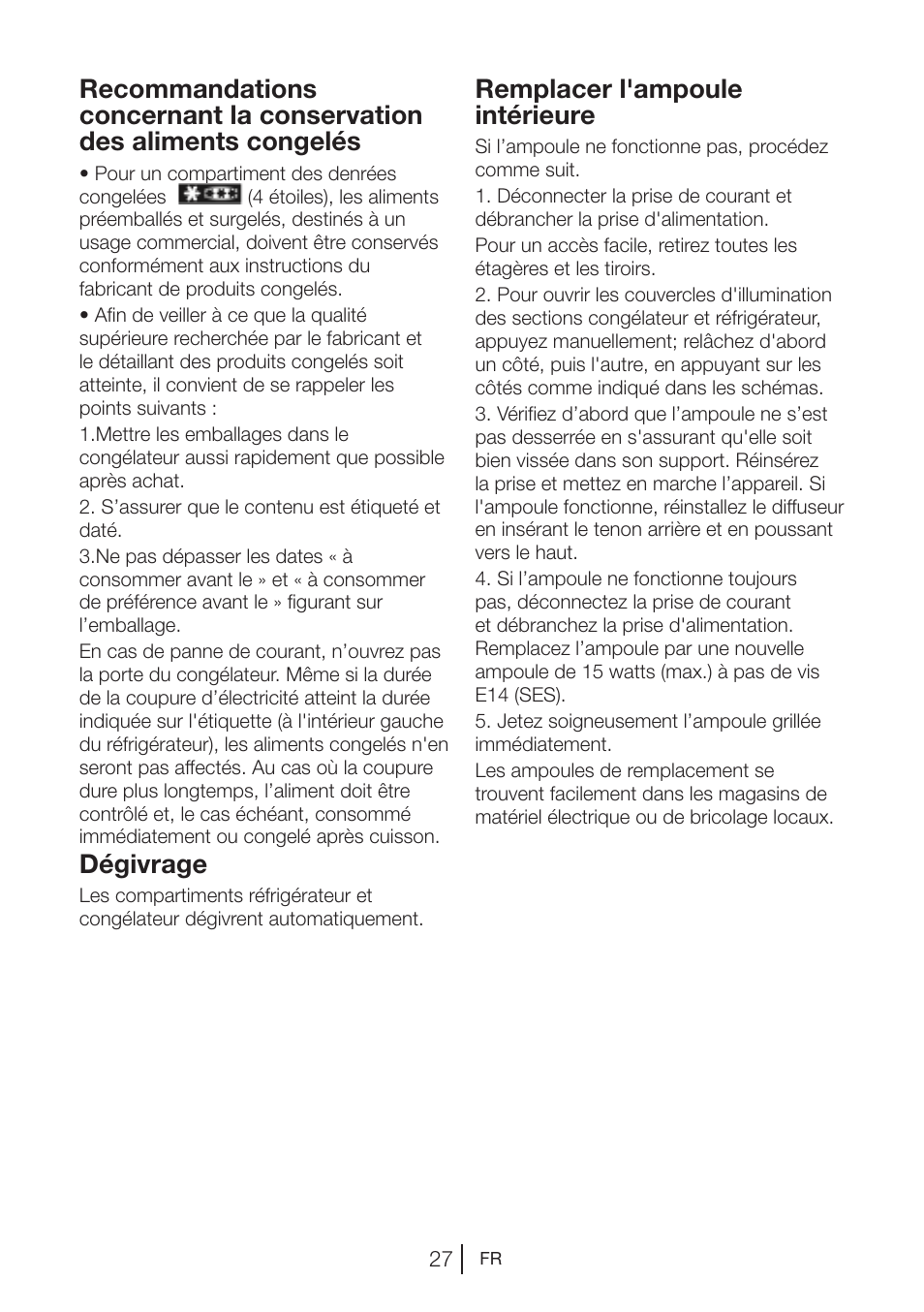 Dégivrage, Remplacer l'ampoule intérieure | Beko GNE V422 X User Manual | Page 61 / 102