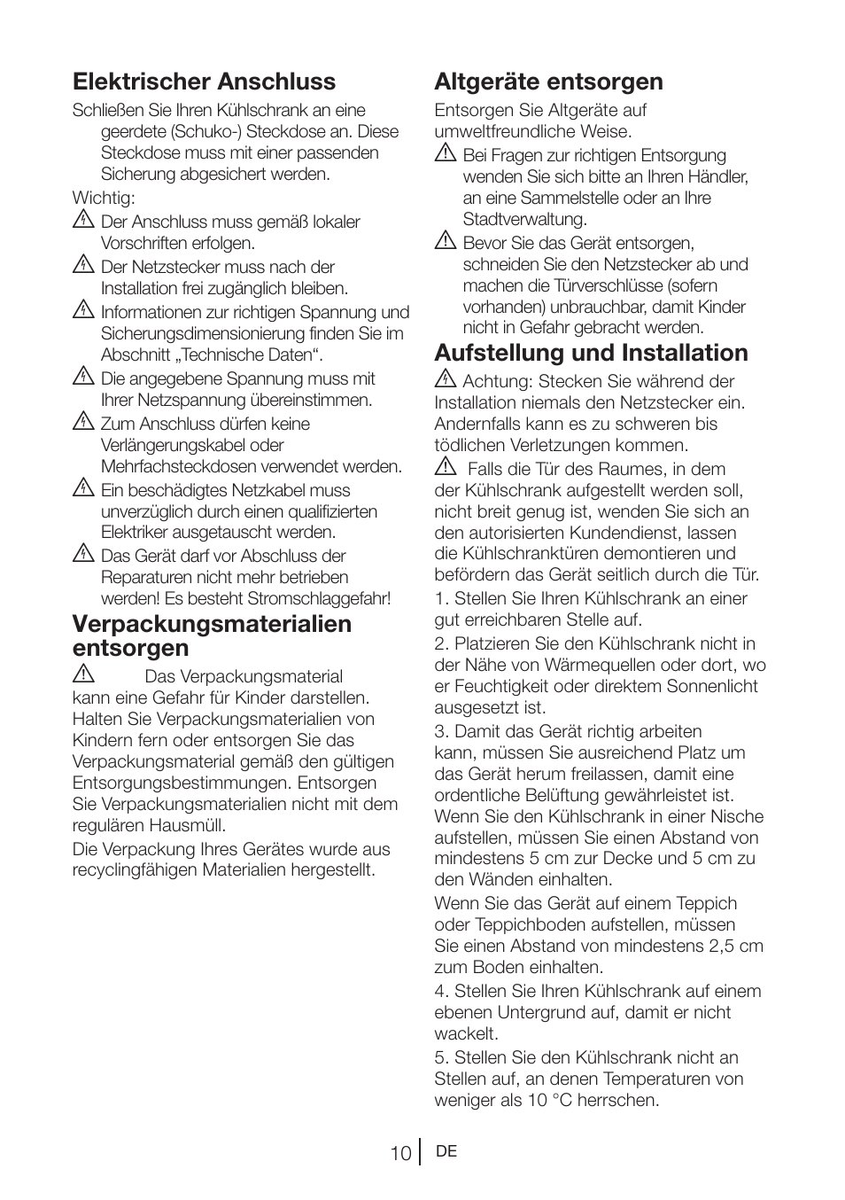 Elektrischer anschluss, Verpackungsmaterialien entsorgen a, Altgeräte entsorgen | Aufstellung und installation b | Beko GNE V422 X User Manual | Page 77 / 102