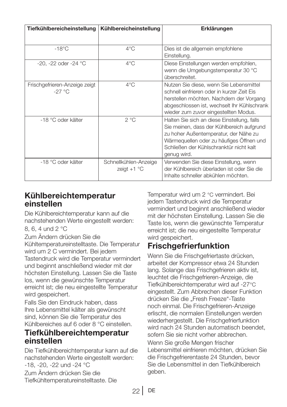 Kühlbereichtemperatur einstellen, Tiefkühlbereichtemperatur einstellen, Frischgefrierfunktion | Beko GNE V422 X User Manual | Page 89 / 102