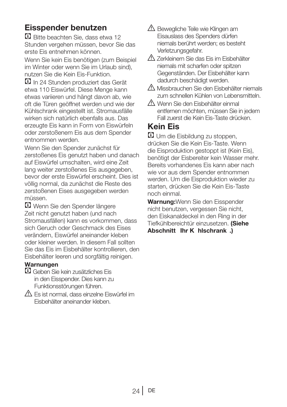 Eisspender benutzen c, Kein eis c | Beko GNE V422 X User Manual | Page 91 / 102