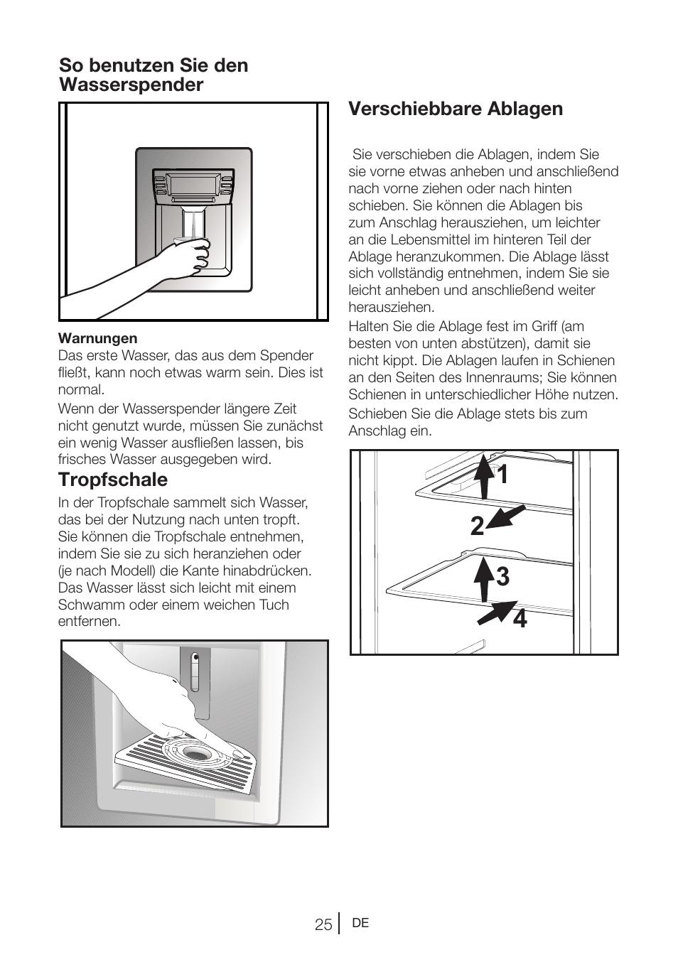 Verschiebbare ablagen, So benutzen sie den wasserspender, Tropfschale | Beko GNE V422 X User Manual | Page 92 / 102