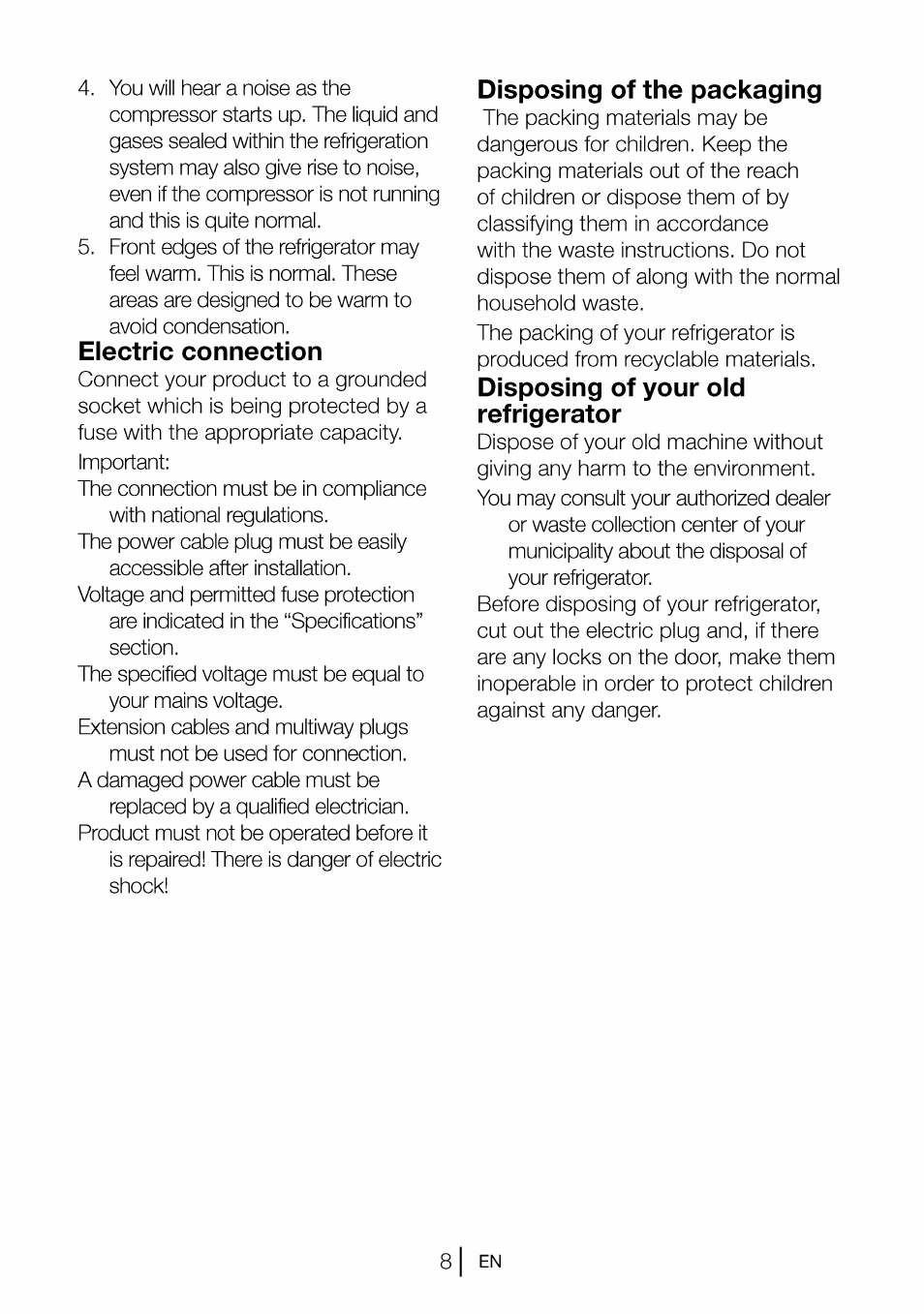 Electric connection, Disposing of the packaging, Disposing of your oid refrigerator | Beko CBI 7771 User Manual | Page 10 / 92