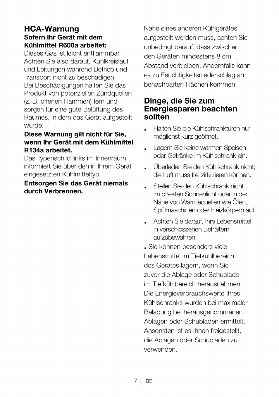Hca-warnung, Dinge, die sie zum energiesparen beachten soiiten | Beko CBI 7771 User Manual | Page 26 / 92