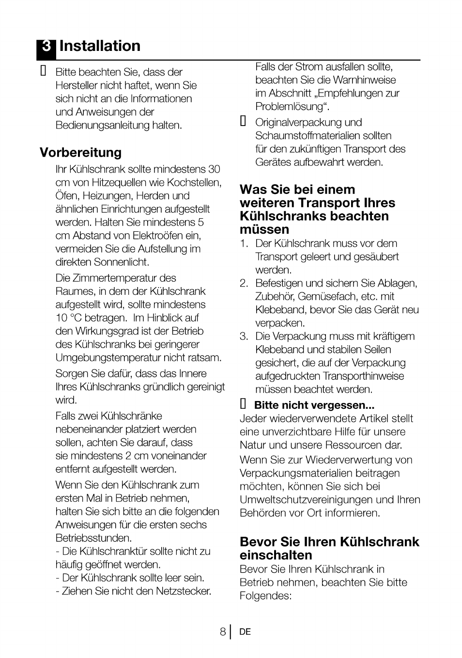 Installation, Vorbereitung, Bevor sie ihren kühlschrank einschalten | Beko CBI 7771 User Manual | Page 27 / 92