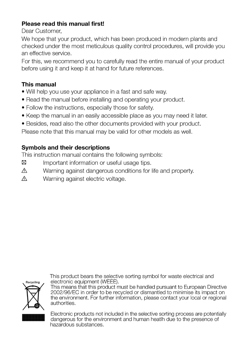 Please read this manual first, This manual, Symbols and their descriptions | Beko CBI 7771 User Manual | Page 3 / 92