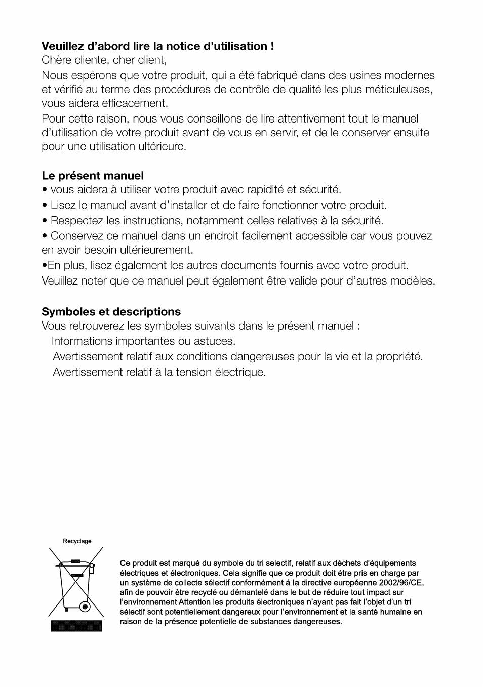 Veuillez d’abord lire la notice d’utiiisation, Le présent manuel, Symboles et descriptions | Beko CBI 7771 User Manual | Page 38 / 92