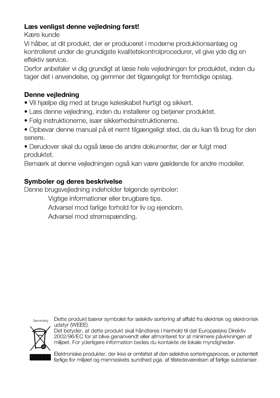 Lass venligst denne vejiedning ferst, Denne vejiedning, Symboler og deres beskrivelse | Beko CBI 7771 User Manual | Page 56 / 92