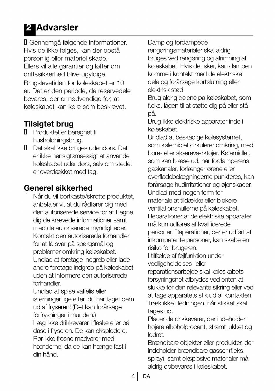 Ladvarsier, Tilsigtet brug, Generel sikkerhed | General sikkerhed | Beko CBI 7771 User Manual | Page 59 / 92