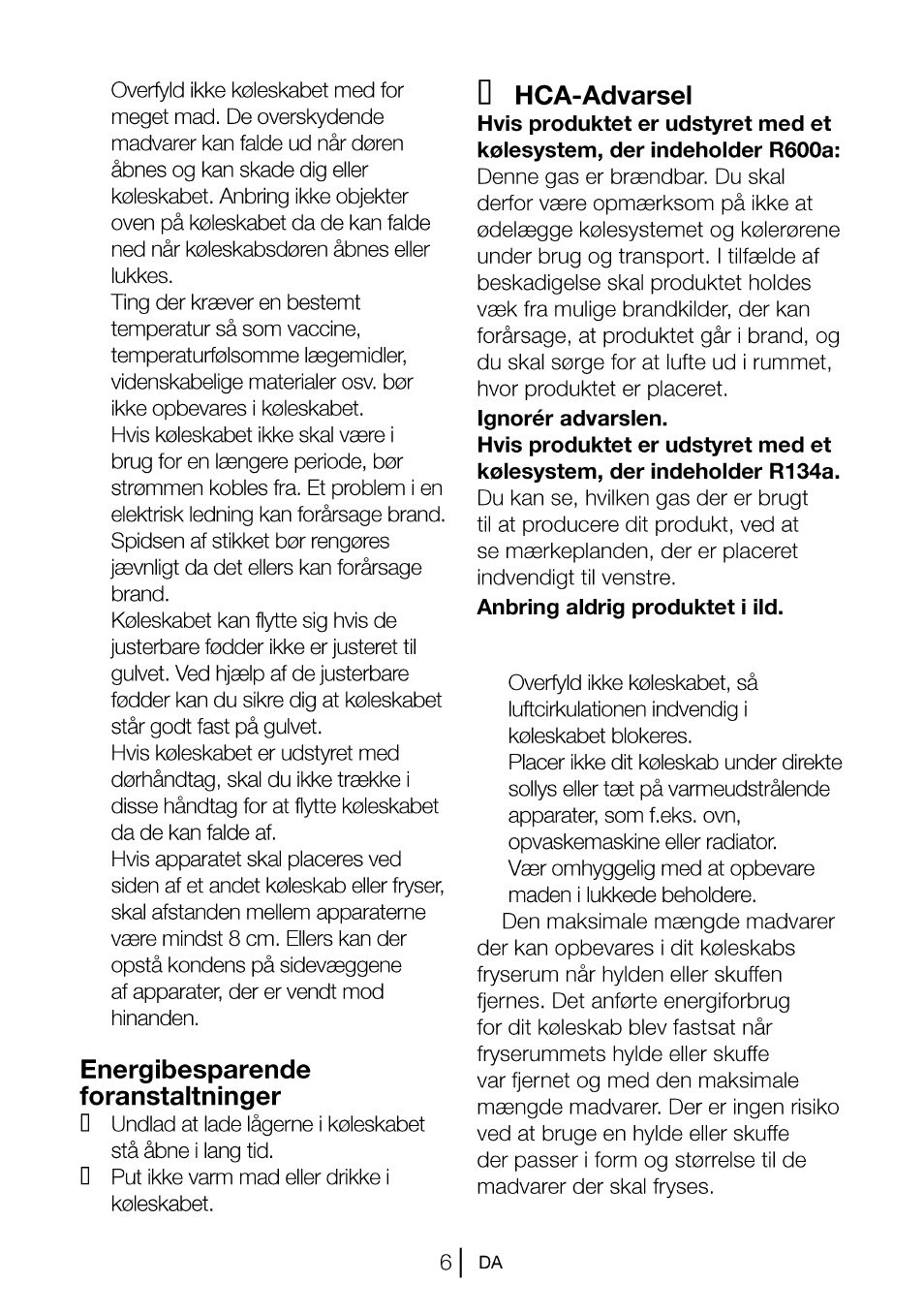 Energibesparende, Foranstaltninger, D hca-advarsel | Hca-advarsel, Energibesparende foranstaltninger | Beko CBI 7771 User Manual | Page 61 / 92