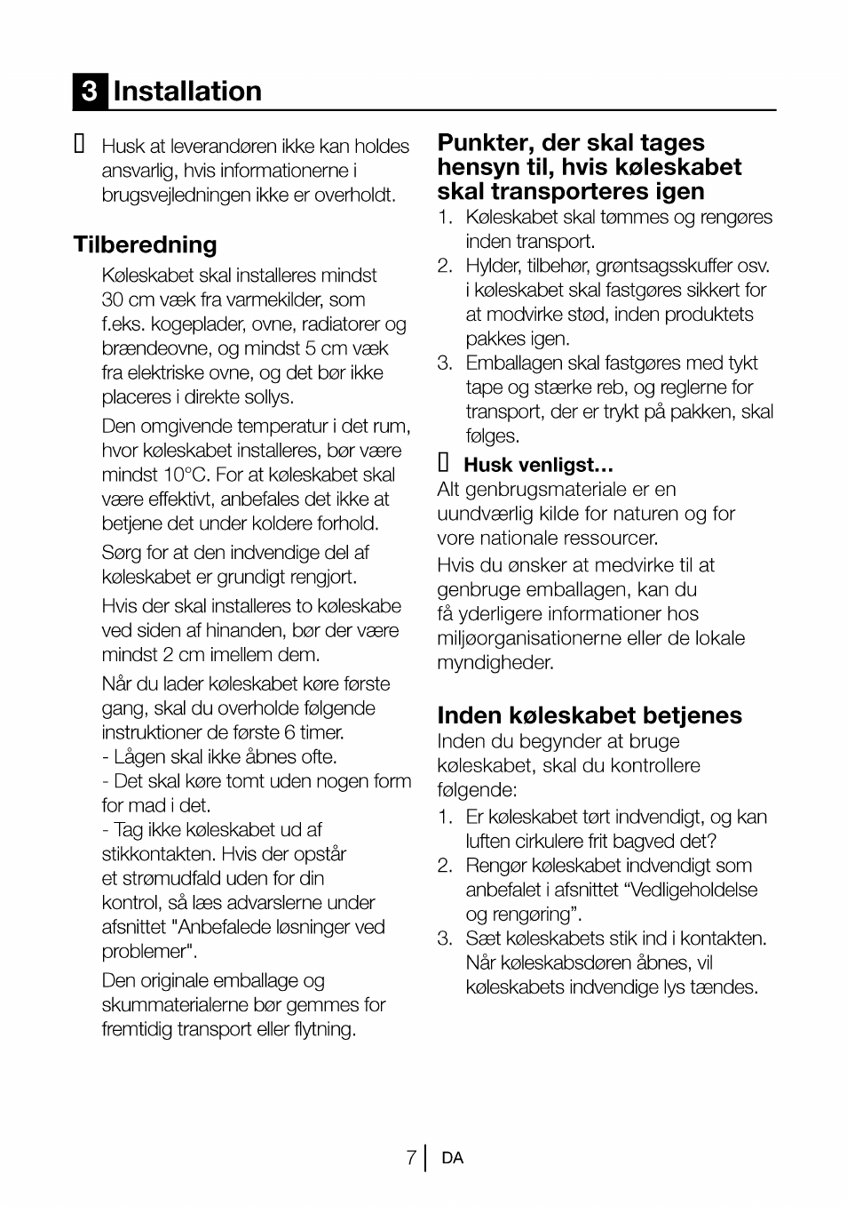 Installation, Tilberedning, Inden koleskabet betjenes | 3 installation, Inden keleskabet betjenes | Beko CBI 7771 User Manual | Page 62 / 92