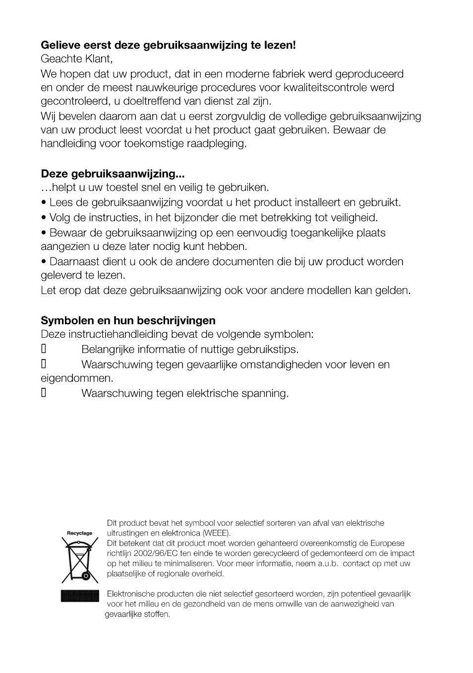 Gelieve eerst deze gebruiksaanwijzing te lezen, Deze gebruiksaanwijzing, Symboien en hun beschrijvingen | Beko CBI 7771 User Manual | Page 73 / 92
