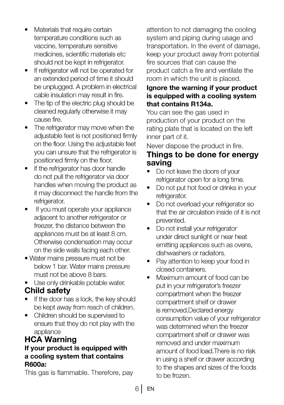 Child safety, Hca warning, Things to be done for energy saving | Beko CBI 7771 User Manual | Page 8 / 92