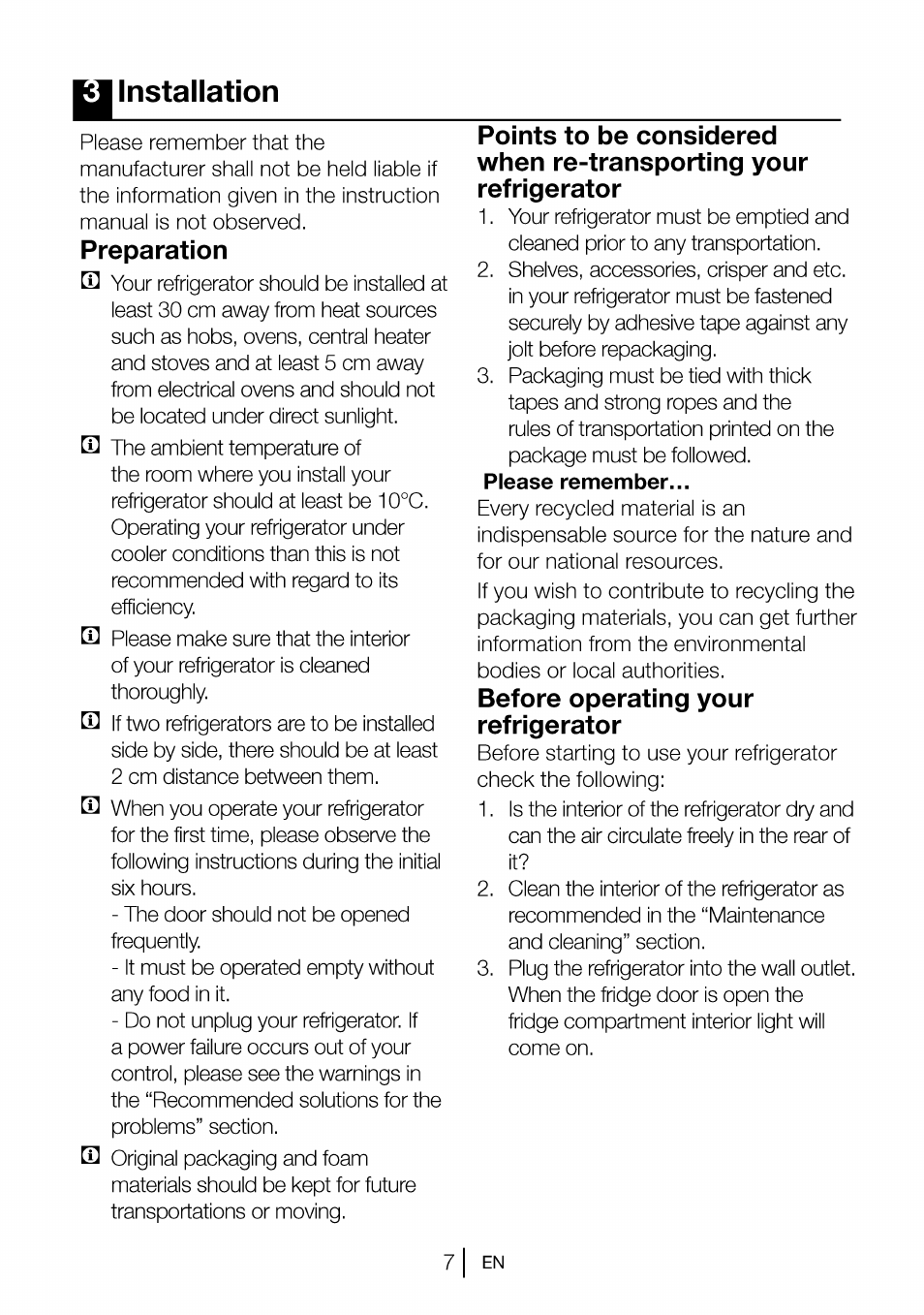 Installation, Before operating your refrigerator, 3 installation | Transportlng your refrigerator, Preparation | Beko CBI 7771 User Manual | Page 9 / 92