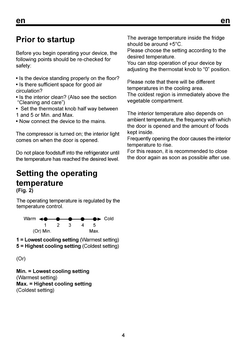 Prior to startup, Setting the operating temperature, Min. = lowest cooling setting | Beko RBI 6301 User Manual | Page 10 / 92