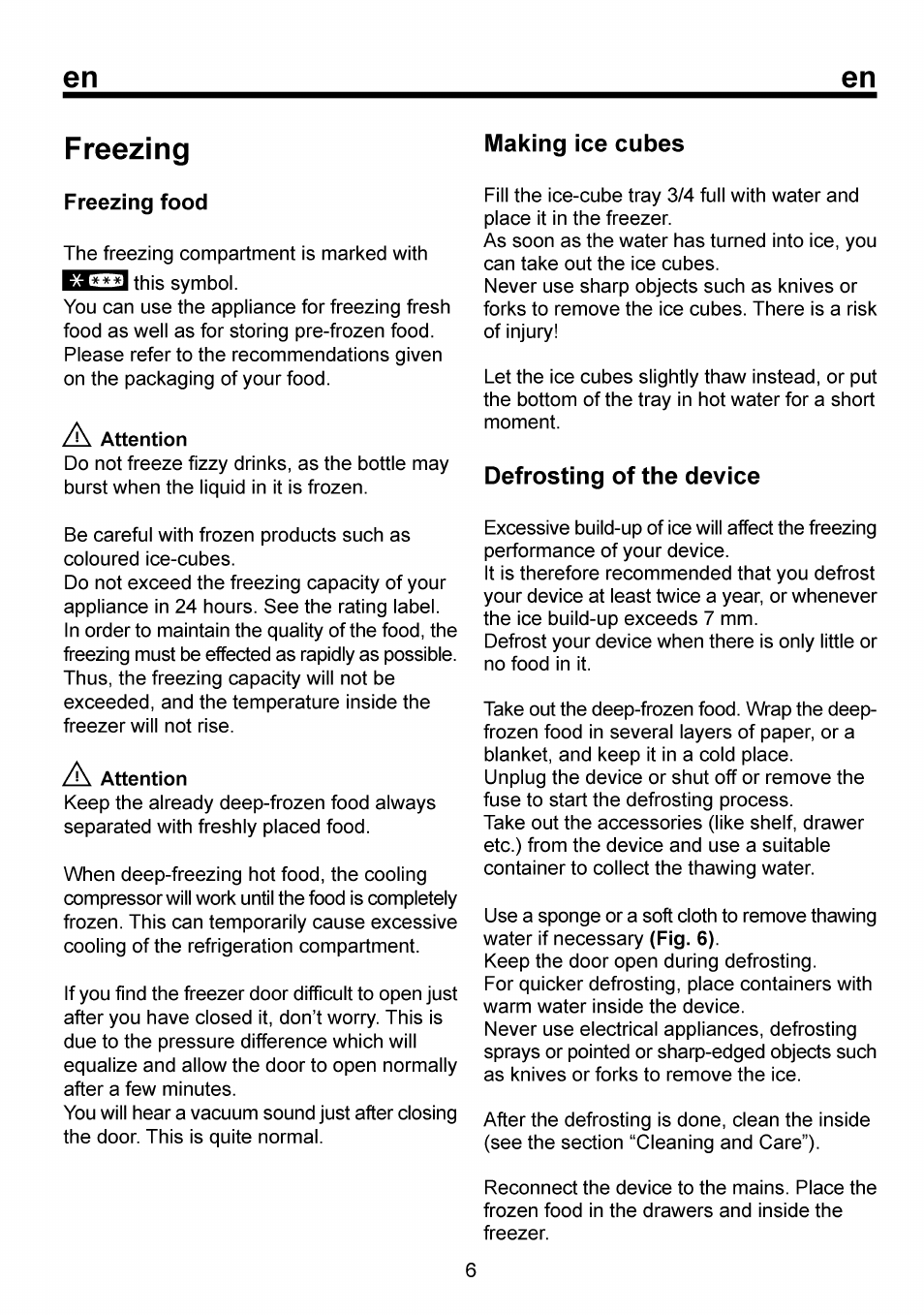 Freezing, A attention | Beko RBI 6301 User Manual | Page 12 / 92