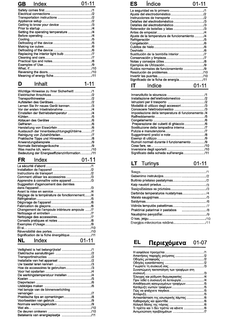 Gb index -11, D inhalt, Fr index -11 | Nl index -11, Es índice -11, Indice -11, Turinys -11, El ngplexópgyg 01-07 | Beko RBI 6301 User Manual | Page 2 / 92