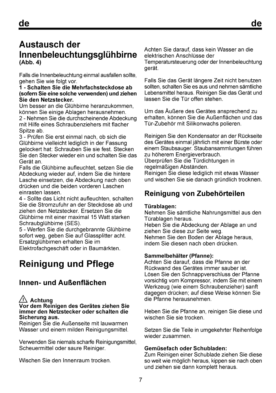 Austausch der innenbeleuchtungsglühbirne, Reinigung und pflege | Beko RBI 6301 User Manual | Page 24 / 92