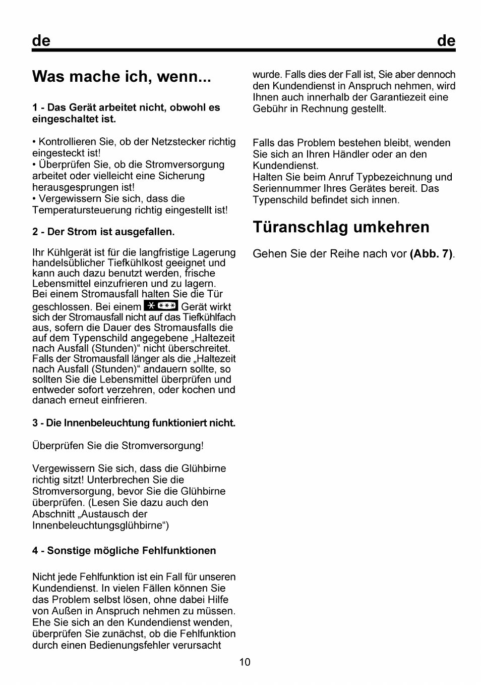 Was mache ich, wenn, 2 - der strom ist ausgefallen, 3 - die innenbeleuchtung funktioniert nicht | 4 - sonstige mögliche fehlfunktionen, Türanschlag umkehren | Beko RBI 6301 User Manual | Page 27 / 92