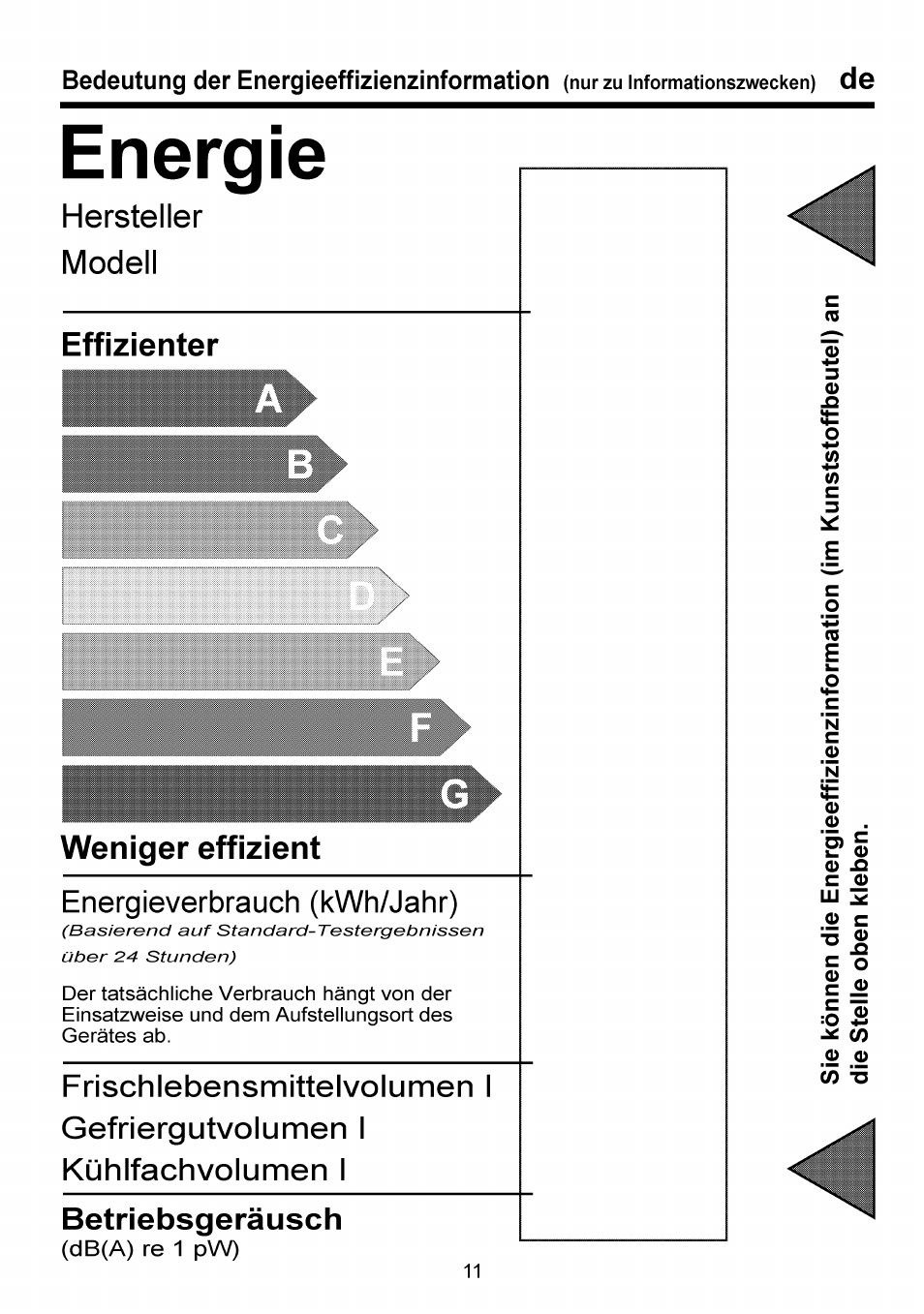 Energie, Hersteller, Modell | Effizienter, Weniger effizient, Betriebsgeräusch | Beko RBI 6301 User Manual | Page 28 / 92