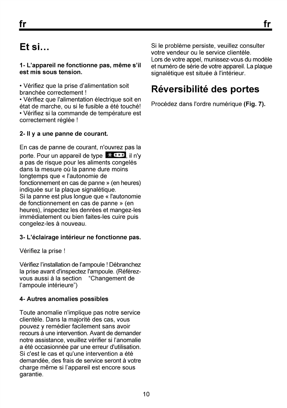 Et si, Il y a une panne de courant, L’éclairage intérieur ne fonctionne pas | Autres anomalies possibles, Réversibilité des portes | Beko RBI 6301 User Manual | Page 38 / 92