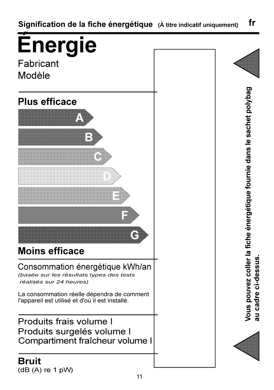 Energie, Plus efficace, Moins efficace | Bruit, Plus efficace moins efficace, Consommation énergétique kwh/an, Fabricant modèle | Beko RBI 6301 User Manual | Page 39 / 92