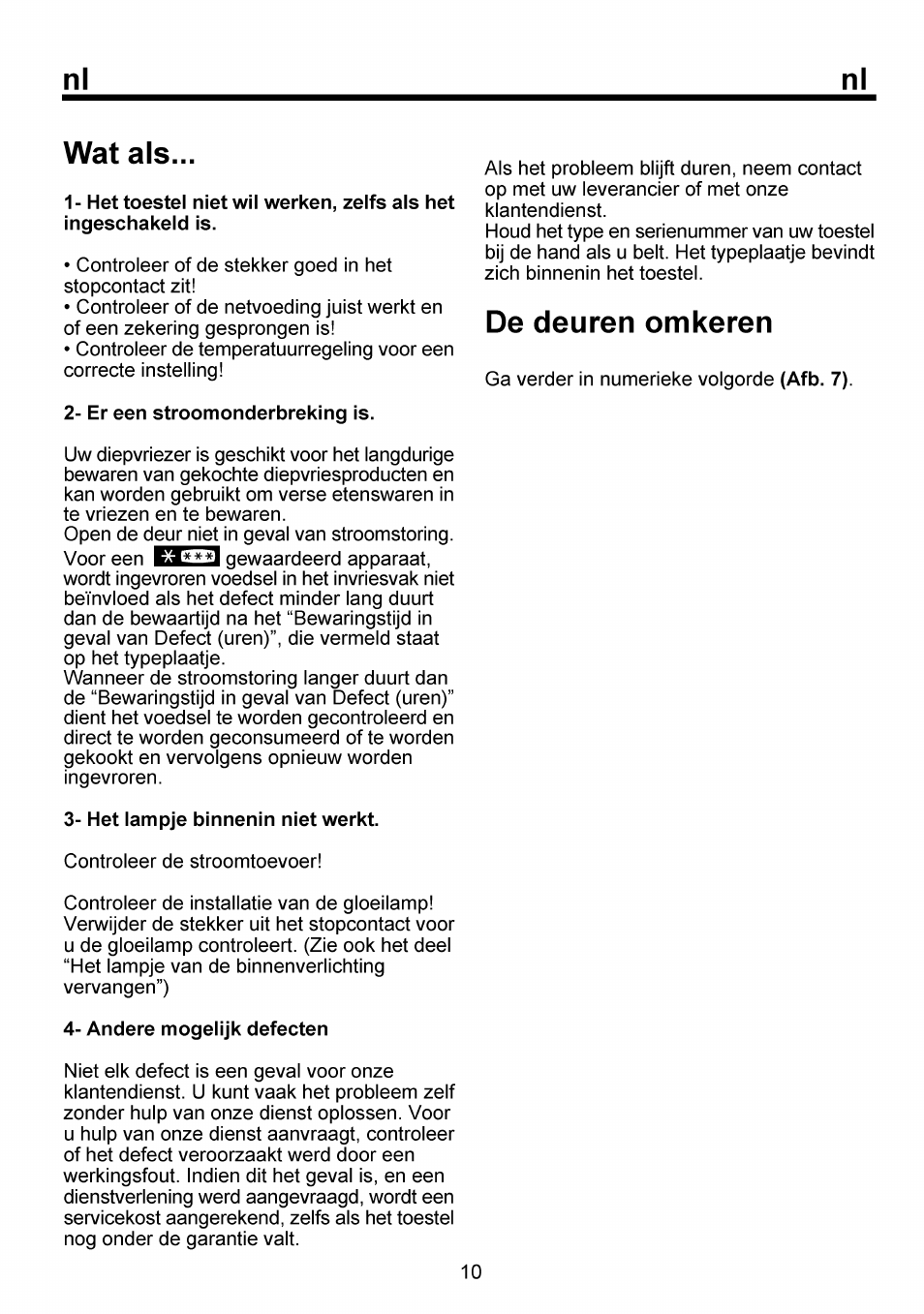 Wat als, Er een stroomonderbreking is, Het lampje binnenin niet werkt | Andere mogelijk defecten, De deuren omkeren | Beko RBI 6301 User Manual | Page 49 / 92