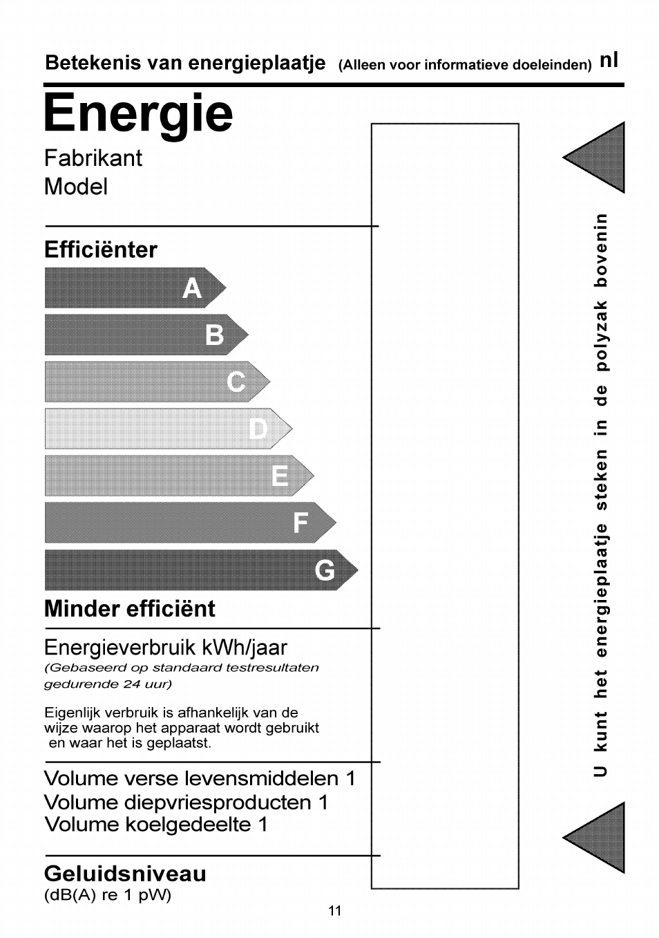 Energie, Efficiènter, Minder efficient | Geluidsniveau, Fabrikant model, Efficiènter minder efficient | Beko RBI 6301 User Manual | Page 50 / 92