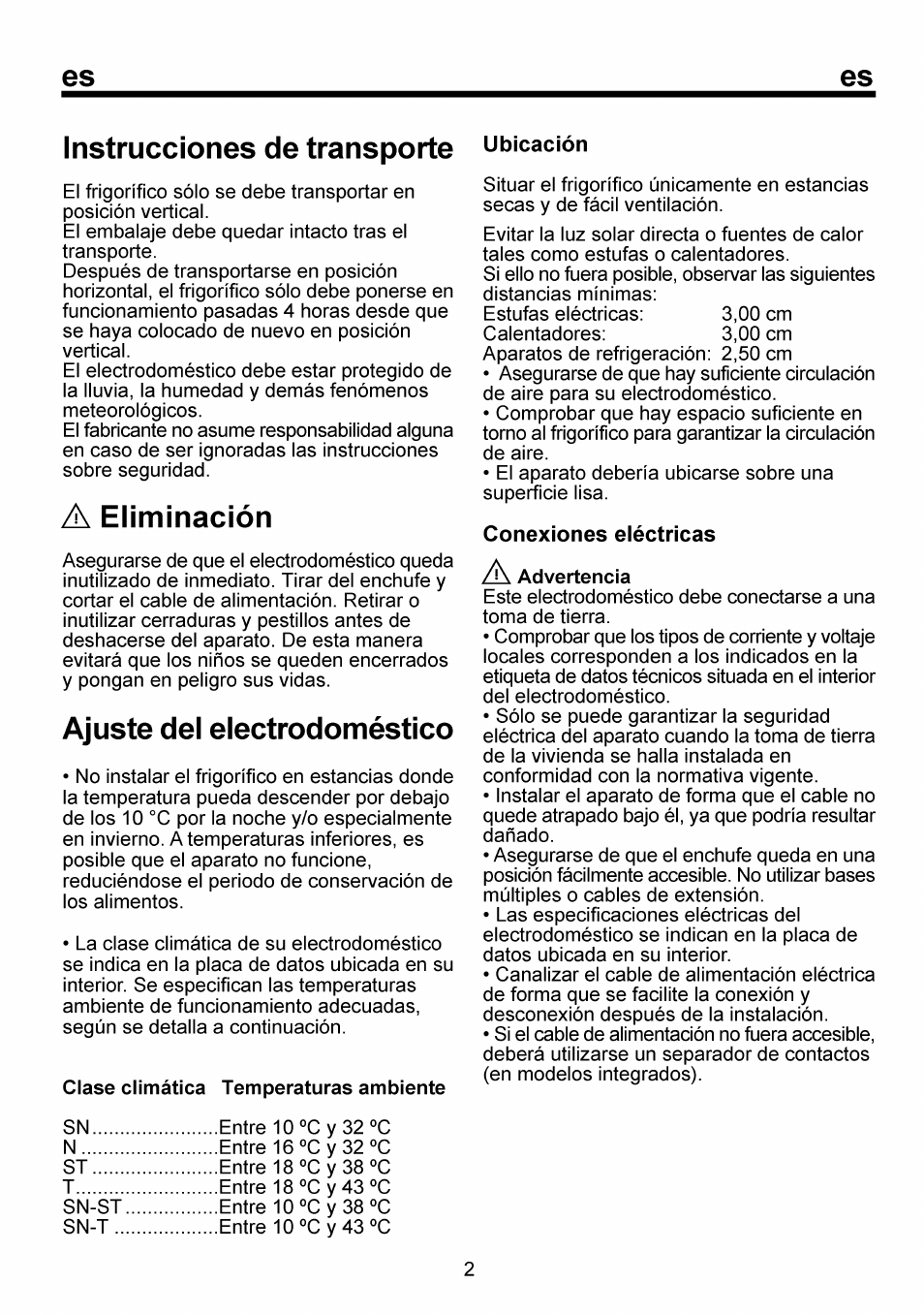 Instrucciones de transporte ubicación, A eliminación, Ajuste del electrodoméstico | Clase climática temperaturas ambiente, Instrucciones de transporte, Eliminación | Beko RBI 6301 User Manual | Page 52 / 92