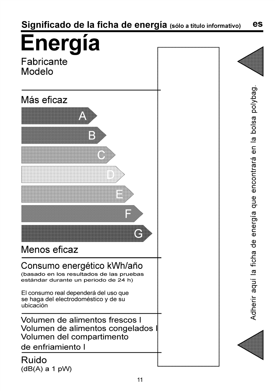 Energía, Significado de la ficha de energía, Consumo energético kwh/año | Fabricante modelo más eficaz menos eficaz | Beko RBI 6301 User Manual | Page 61 / 92