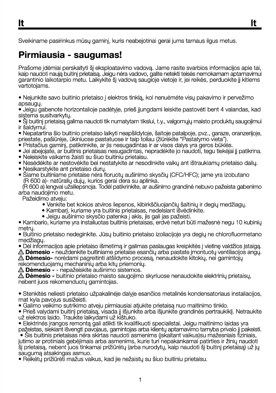 Pirmiausia - saugumas | Beko RBI 6301 User Manual | Page 73 / 92
