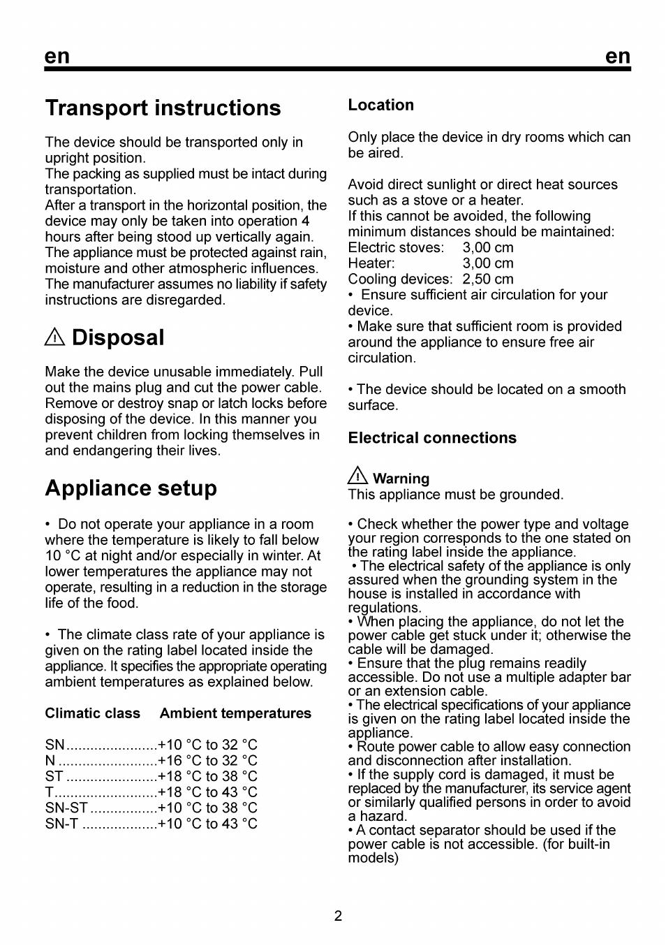 Transport instructions, A disposal, Appliance setup | Climatic class ambient temperatures, Transportation instructions, Disposal | Beko RBI 6301 User Manual | Page 8 / 92