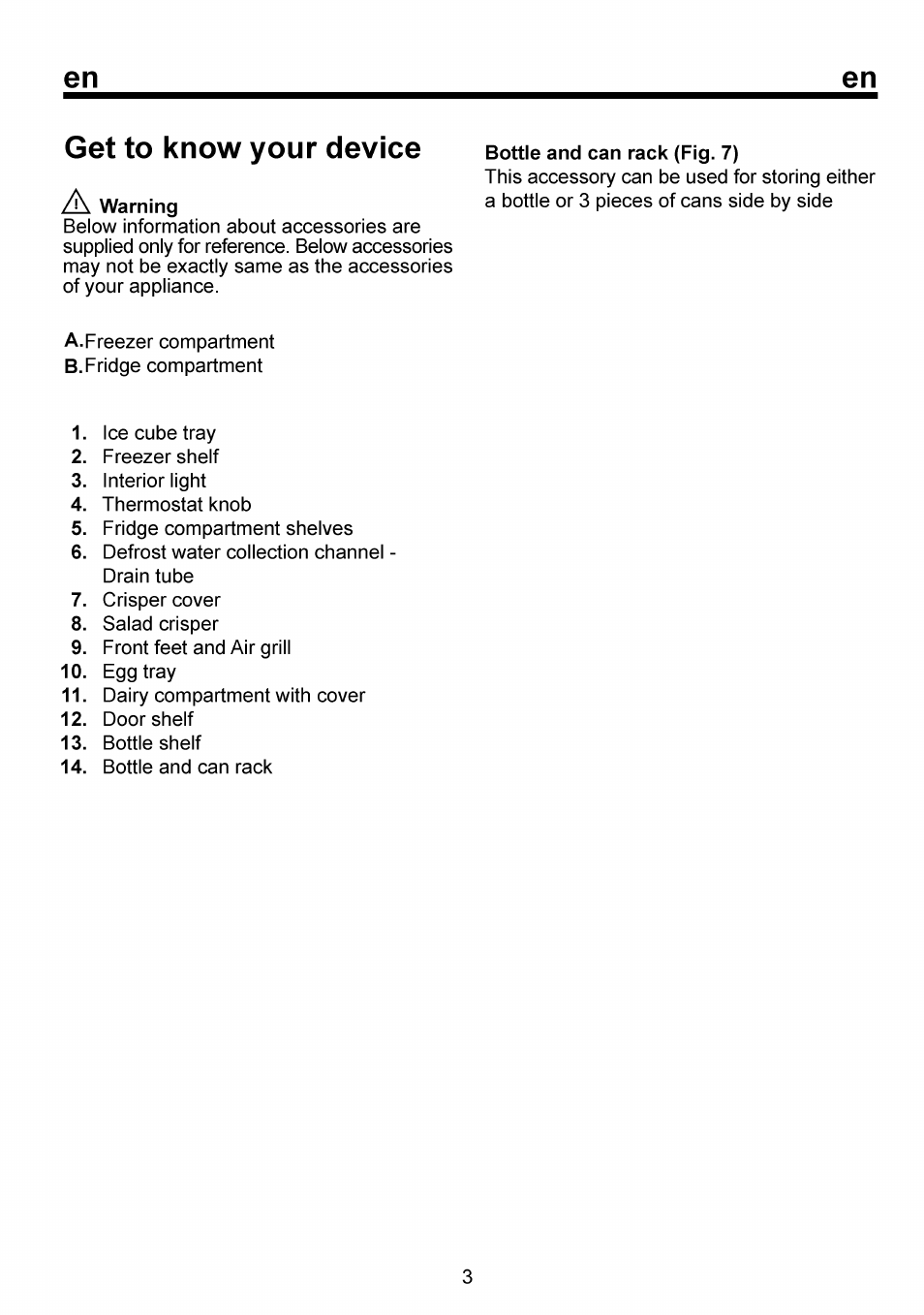 Get to know your device, Warning, Bottle and can rack (fig. 7) | Beko RBI 6301 User Manual | Page 9 / 92