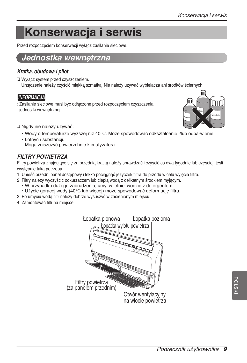 Konserwacja i serwis, Jednostka wewnętrzna | LG ARNU09GVEA2 User Manual | Page 105 / 205