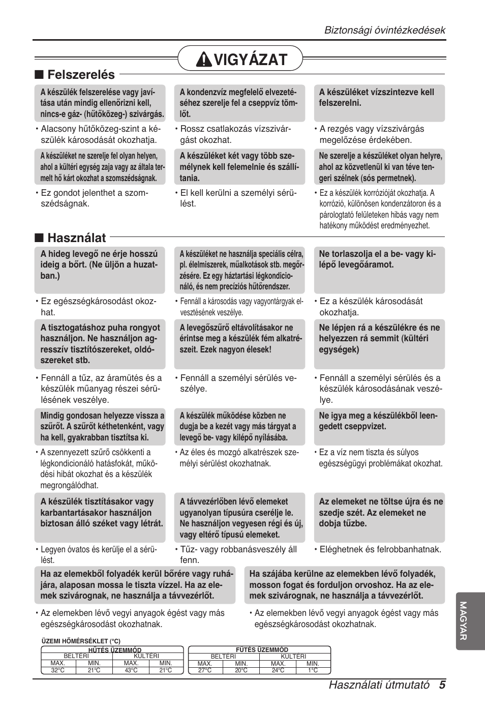 Vigyázat, N felszerelés, N használat | Használati útmutató 5, Biztonsági óvintézkedések | LG ARNU09GVEA2 User Manual | Page 113 / 205