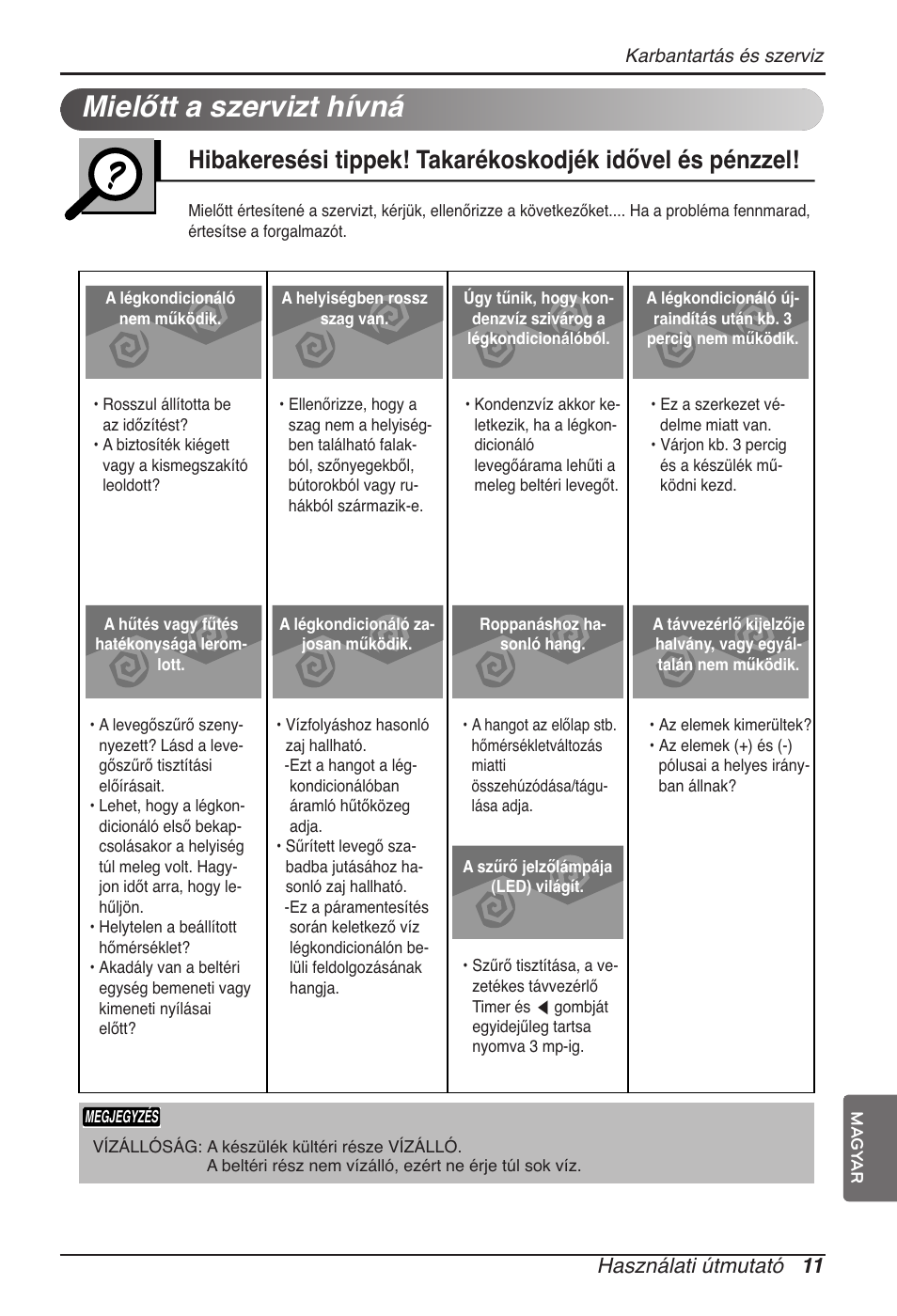 Mielőtt a szervizt hívná, Használati útmutató 11 | LG ARNU09GVEA2 User Manual | Page 119 / 205