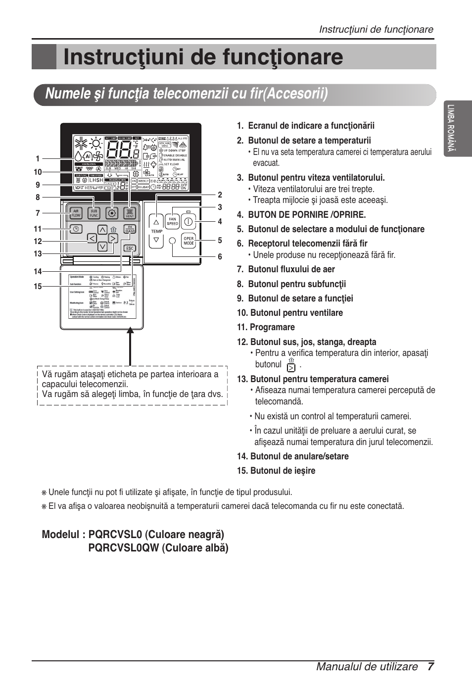 Instrucţiuni de funcţionare, Numele şi funcţia telecomenzii cu fir(accesorii) | LG ARNU09GVEA2 User Manual | Page 139 / 205