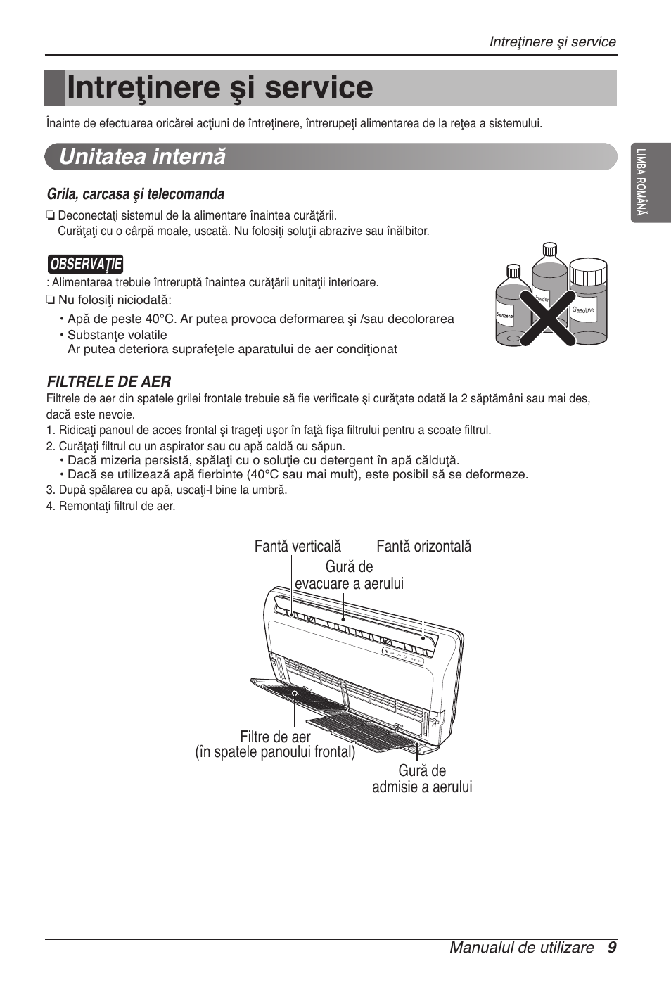 Intreţinere şi service, Unitatea internă | LG ARNU09GVEA2 User Manual | Page 141 / 205