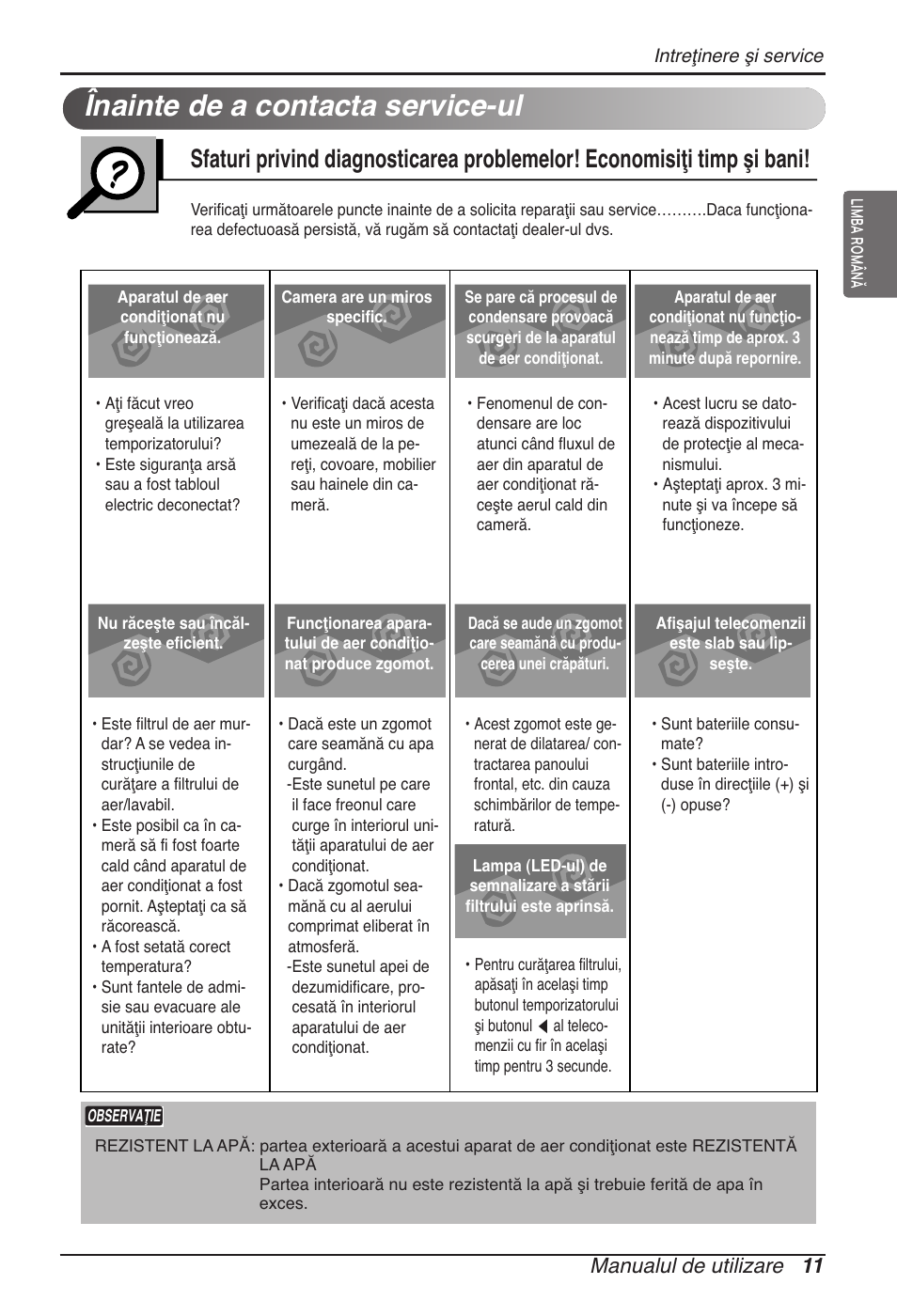 Înainte de a contacta service-ul, Manualul de utilizare 11 | LG ARNU09GVEA2 User Manual | Page 143 / 205