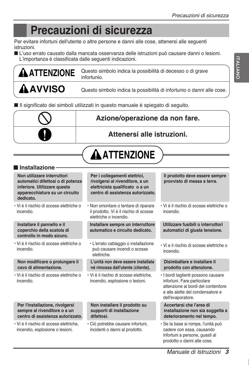 Precauzioni di sicurezza, Attenzione, Attenzione avviso | LG ARNU09GVEA2 User Manual | Page 15 / 205