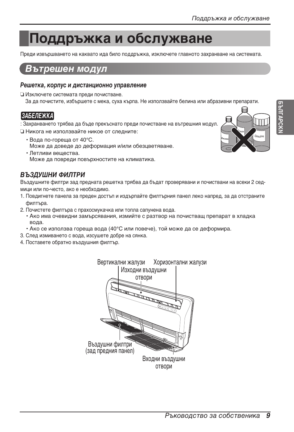 Поддръжка и обслужване, Вътрешен модул | LG ARNU09GVEA2 User Manual | Page 153 / 205