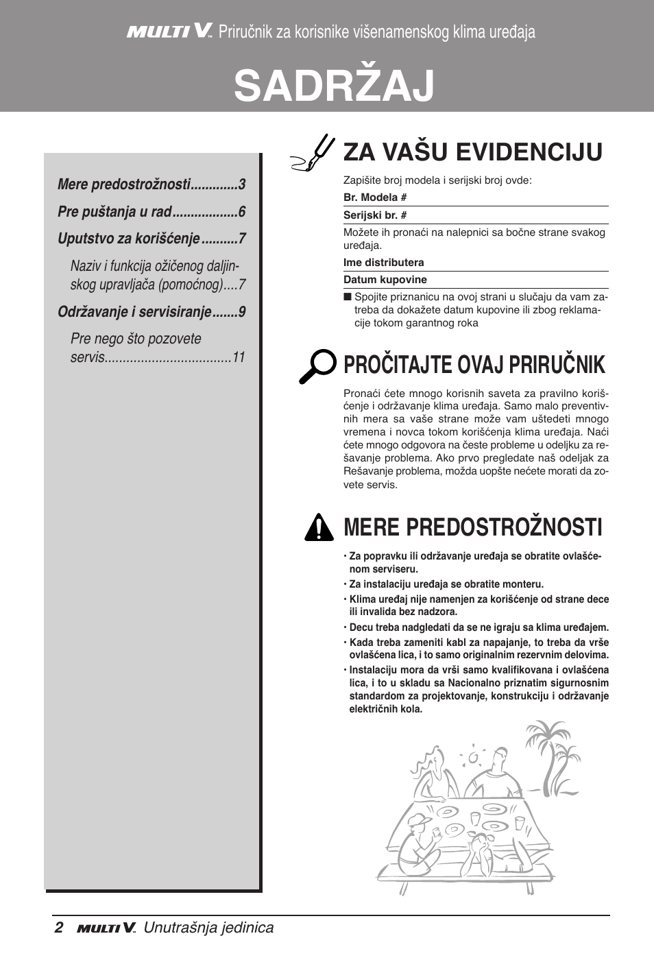 Sadržaj, Za vašu evidenciju, Pročitajte ovaj priručnik | Mere predostrožnosti, Priručnik za korisnike višenamenskog klima uređaja | LG ARNU09GVEA2 User Manual | Page 158 / 205