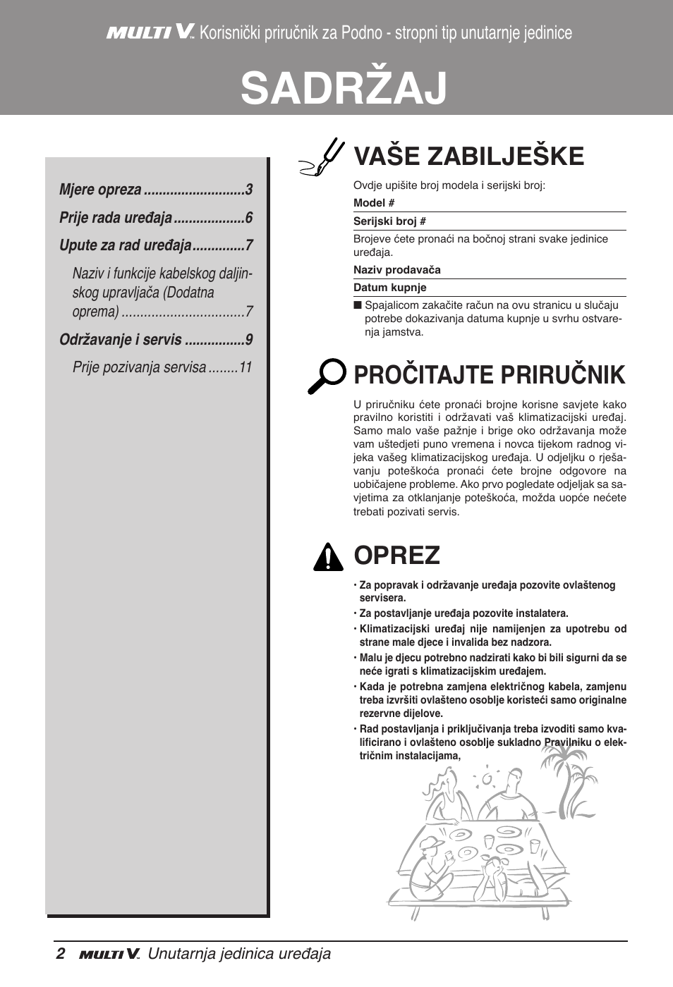 Sadržaj, Vaše zabilješke, Pročitajte priručnik | Oprez | LG ARNU09GVEA2 User Manual | Page 170 / 205