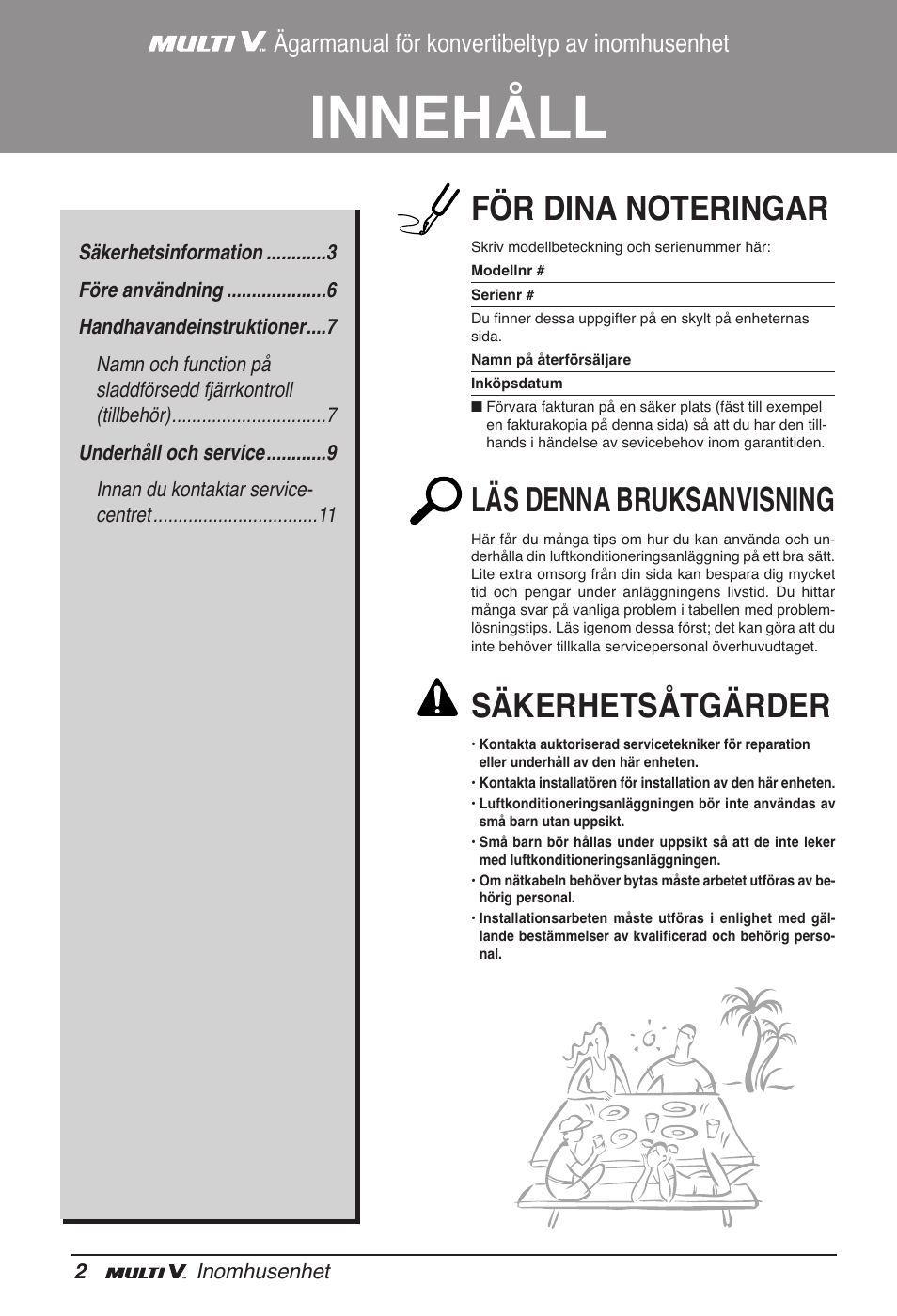 Innehåll, Läs denna bruksanvisning, Säkerhetsåtgärder | Ägarmanual för konvertibeltyp av inomhusenhet | LG ARNU09GVEA2 User Manual | Page 182 / 205