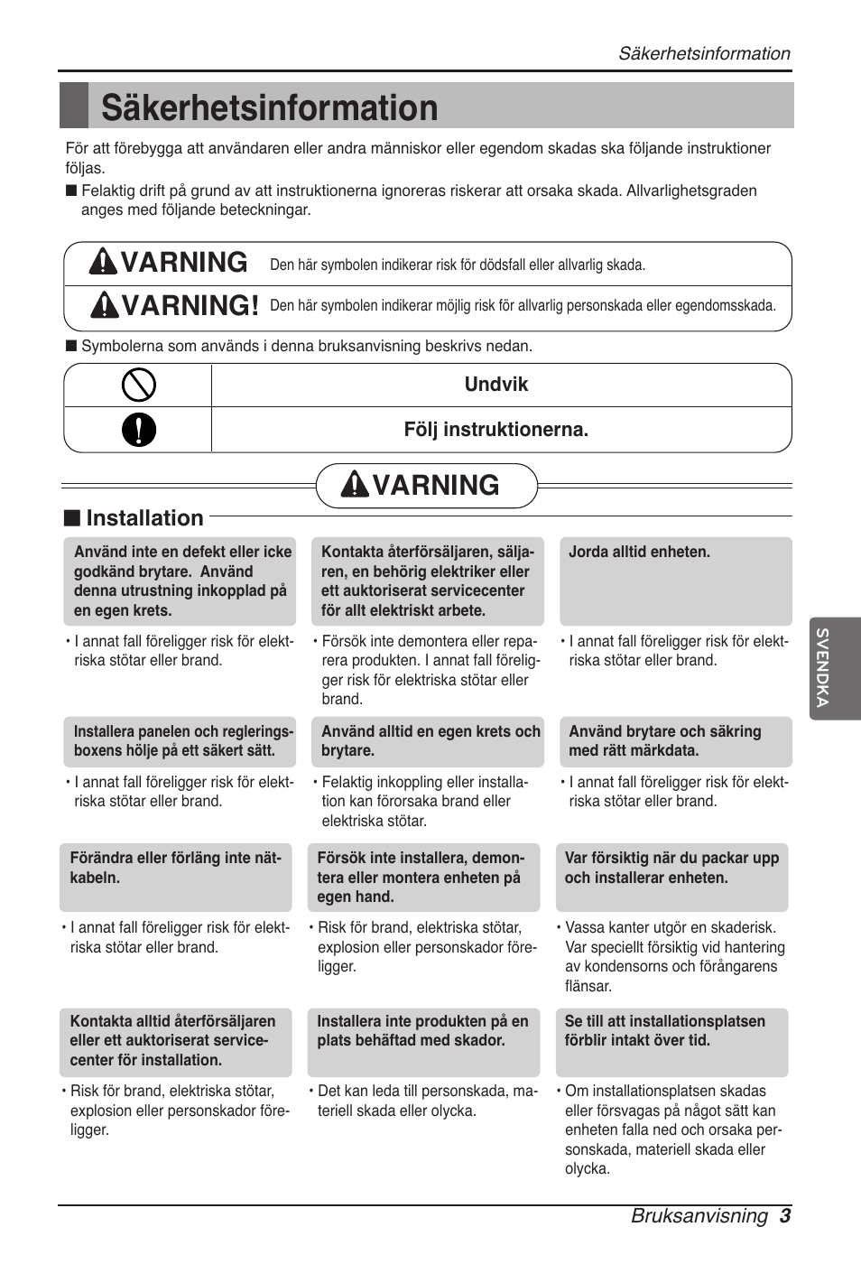 Säkerhetsinformation, Varning varning, Varning | N installation | LG ARNU09GVEA2 User Manual | Page 183 / 205