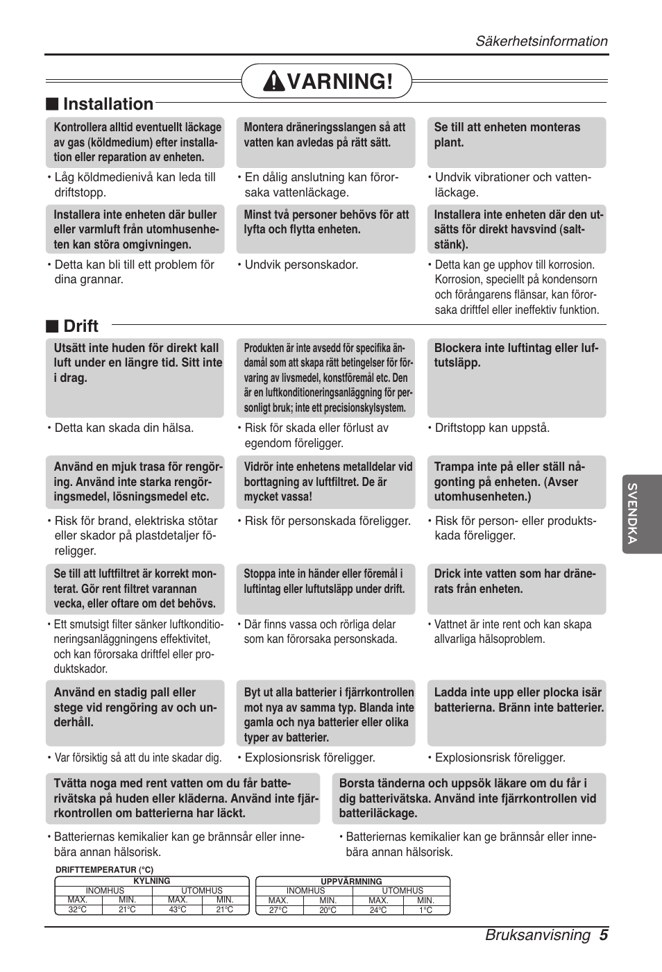 Varning, N installation, N drift | Bruksanvisning 5, Säkerhetsinformation | LG ARNU09GVEA2 User Manual | Page 185 / 205