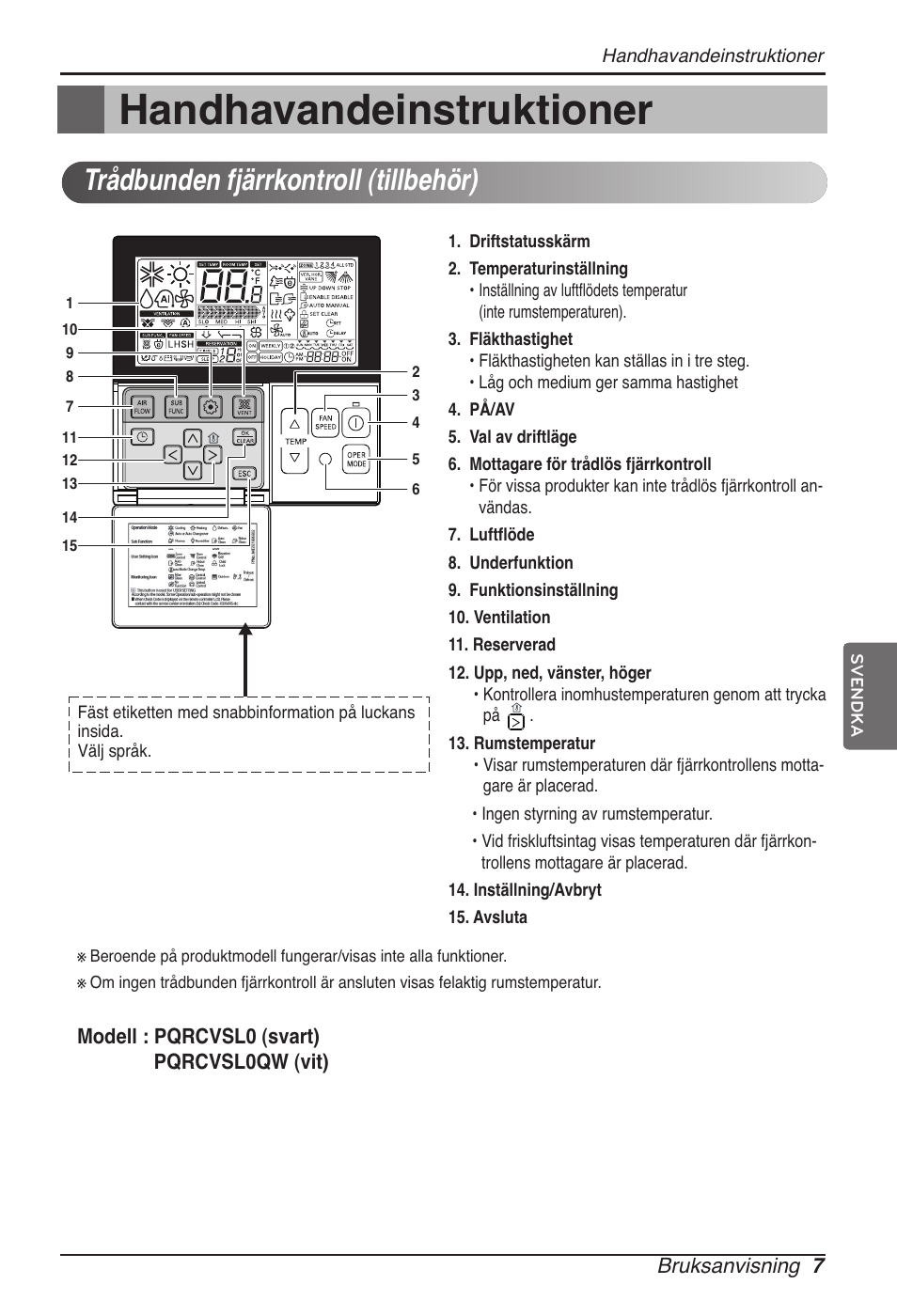 Handhavandeinstruktioner, Trådbunden fjärrkontroll (tillbehör) | LG ARNU09GVEA2 User Manual | Page 187 / 205