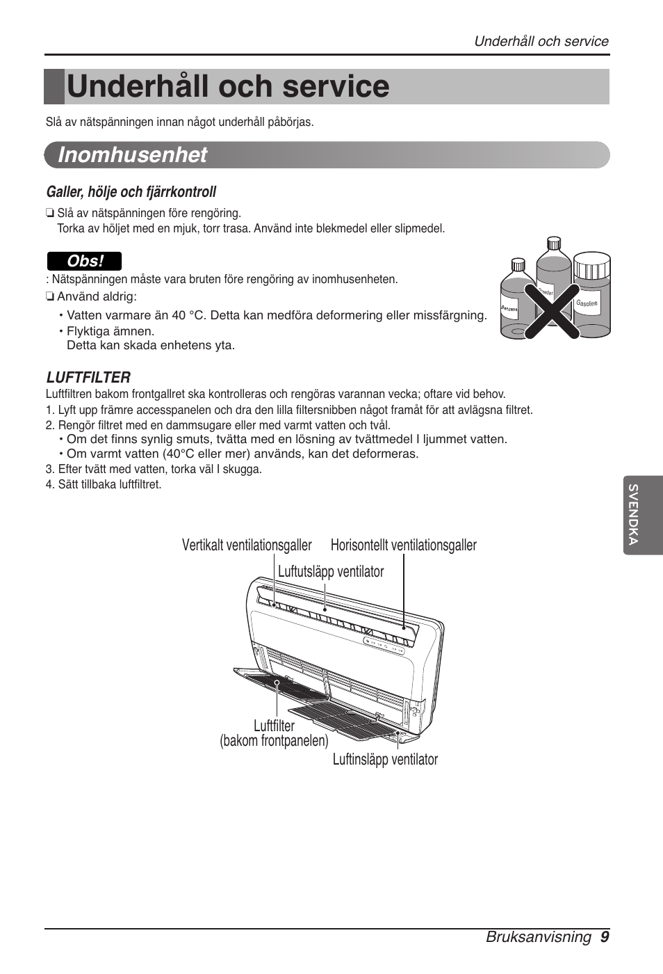 Underhåll och service, Inomhusenhet | LG ARNU09GVEA2 User Manual | Page 189 / 205