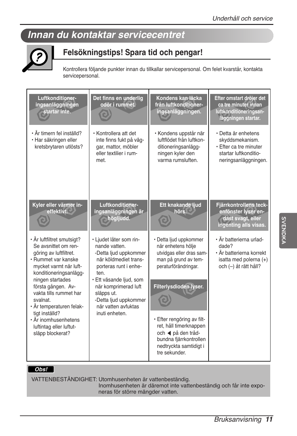 Innan du kontaktar servicecentret, Felsökningstips! spara tid och pengar, Bruksanvisning 11 | LG ARNU09GVEA2 User Manual | Page 191 / 205